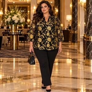 Jessica London Gold Metallic Womens Top Sz 18 Mob Wife Holiday Floral Sheer Glam